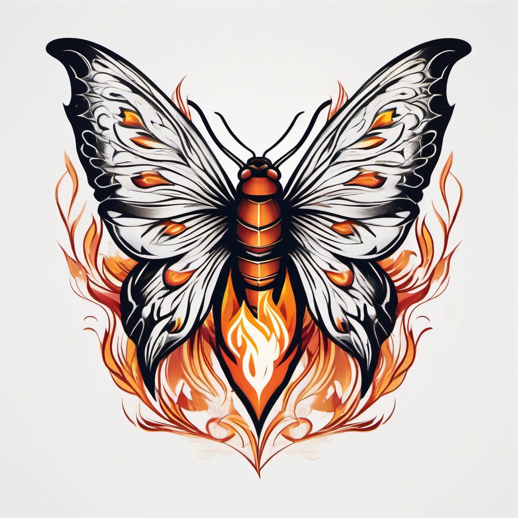 Moth Flame Tattoo - Infuse symbolism and intensity with a tattoo featuring a moth and flame design, symbolizing attraction and transformation.  simple vector color tattoo, minimal, white background