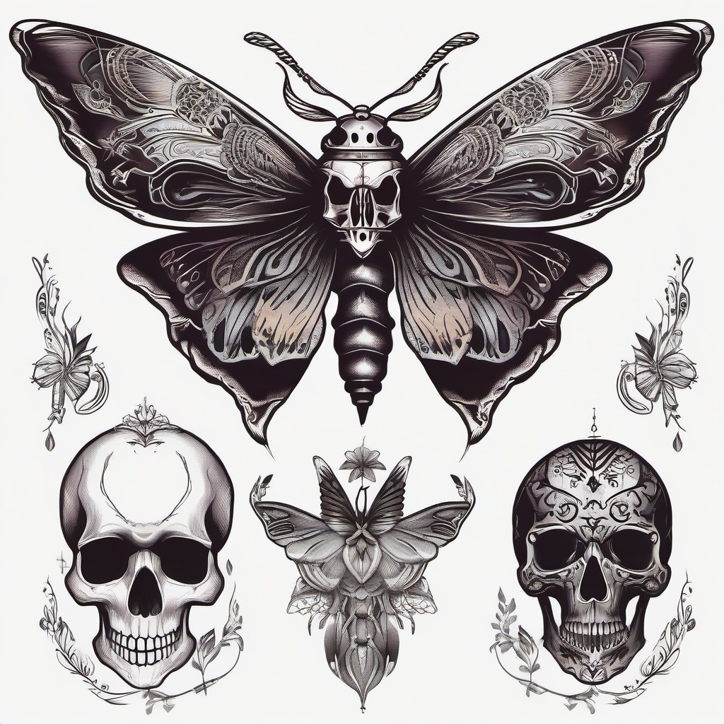 Moth and Skull Tattoo - Infuse edgy and symbolic elements with a tattoo featuring a moth and skull design, symbolizing transformation and mortality.  simple vector color tattoo, minimal, white background