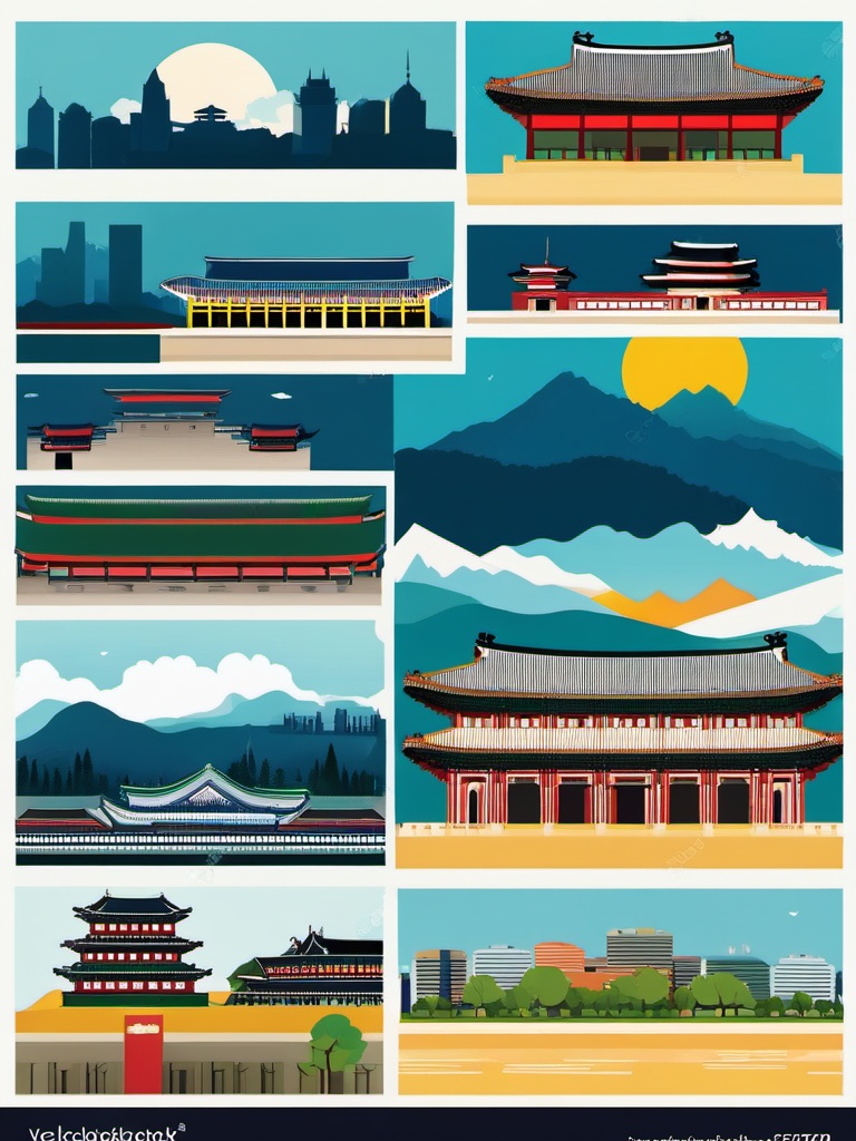 Seoul clipart - Gyeongbokgung Palace and Seoul skyline,  color vector clipart