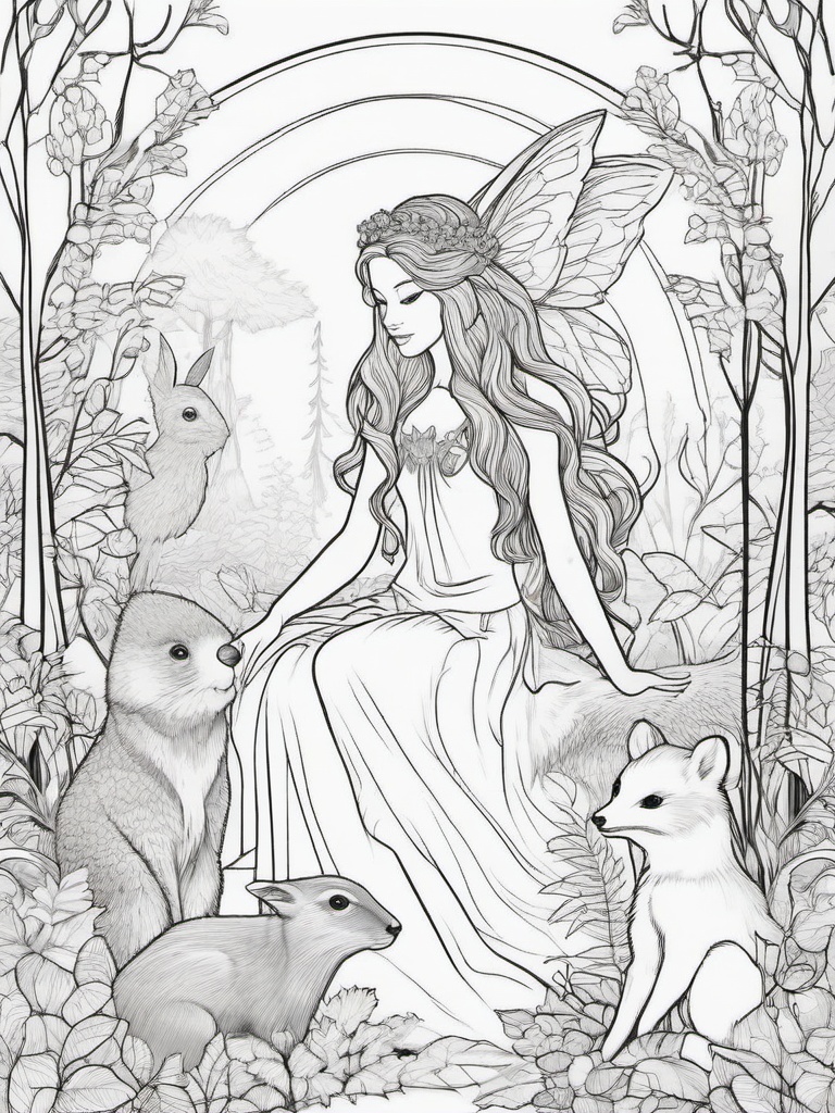 Fairy and Her Woodland Friends Coloring Pages - Fairy Surrounded by Woodland Creatures  minimal black outline printable sheet, coloring page