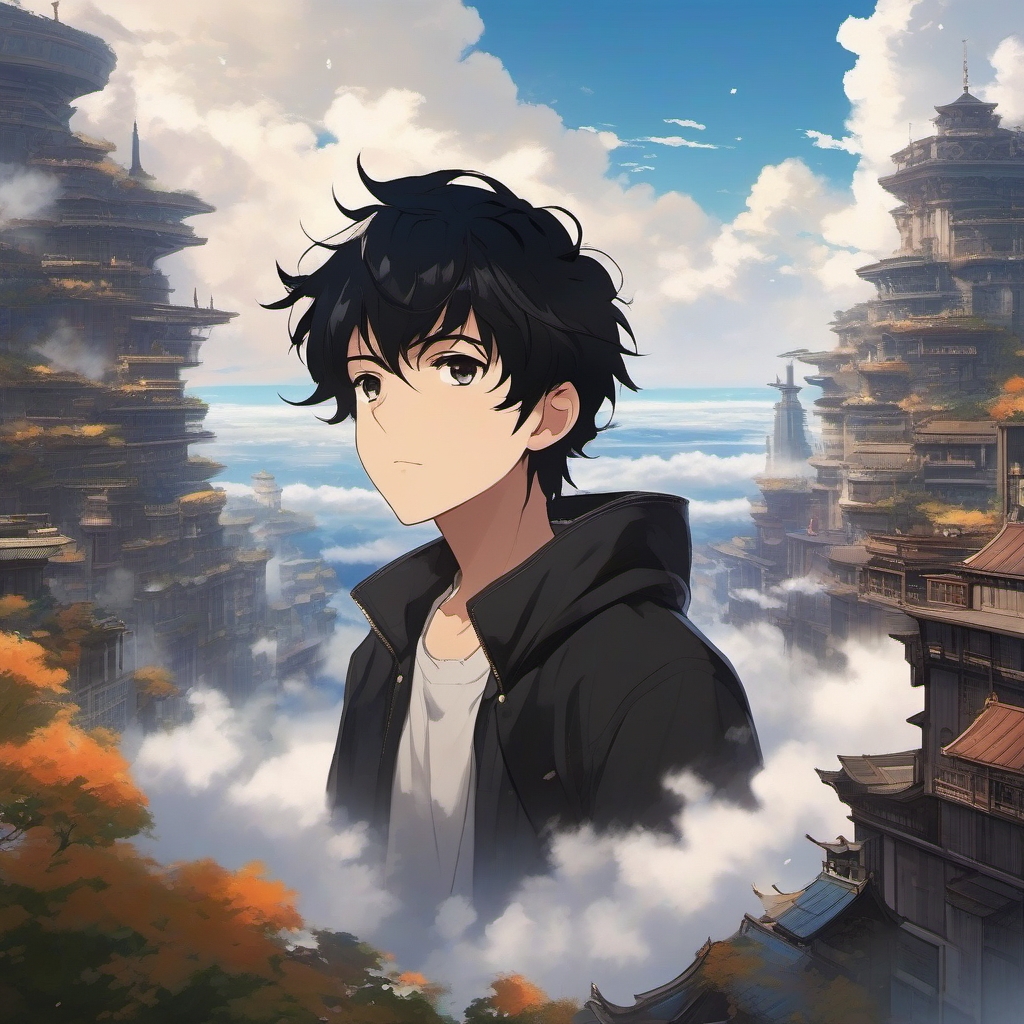 Front facing face, boy with black hair, round eyes in a floating city above the clouds.  close shot of face, face front facing, profile picture pfp, anime style