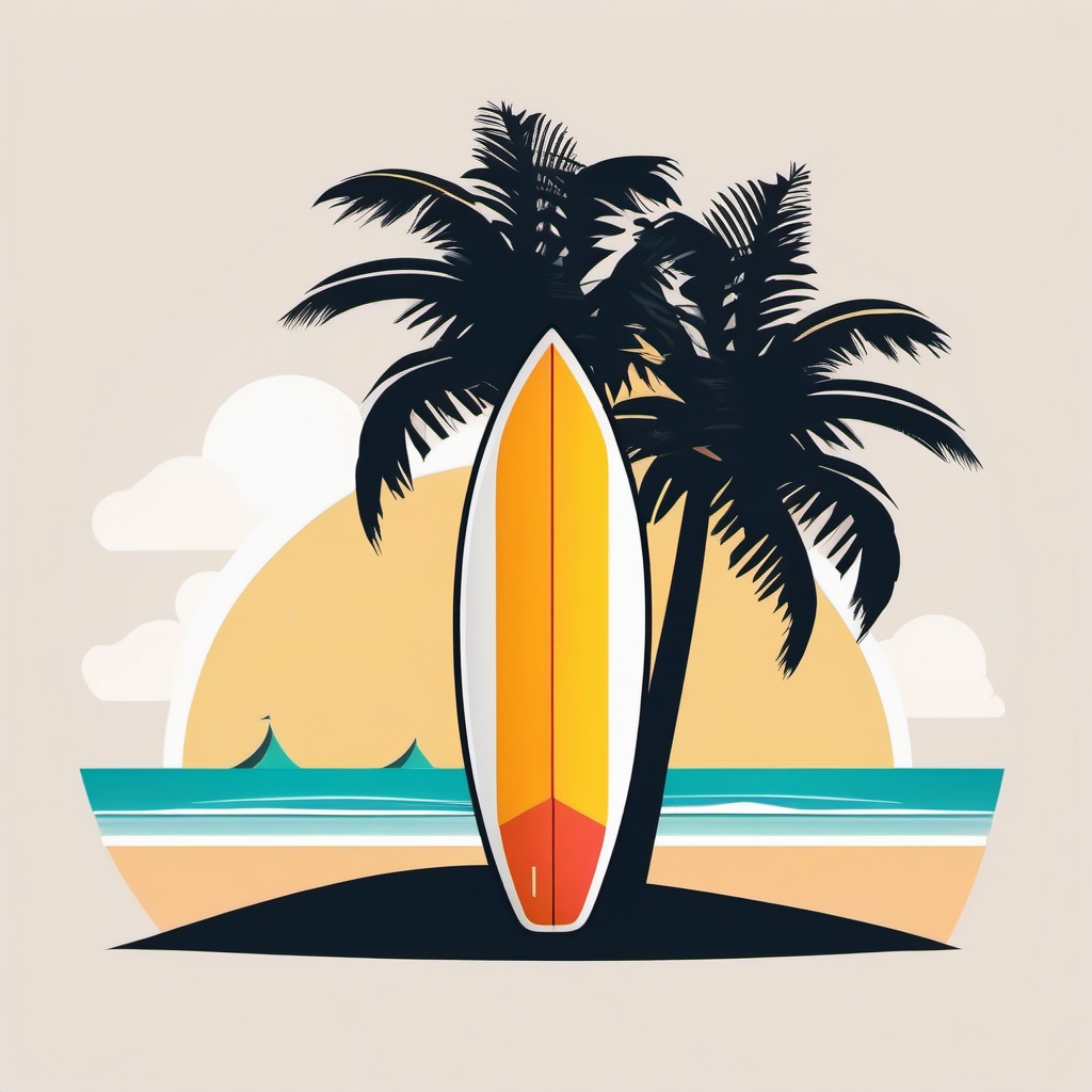 Surfboard Clipart - A colorful surfboard propped up against a palm tree on a tropical beach.  color clipart, minimalist, vector art, 