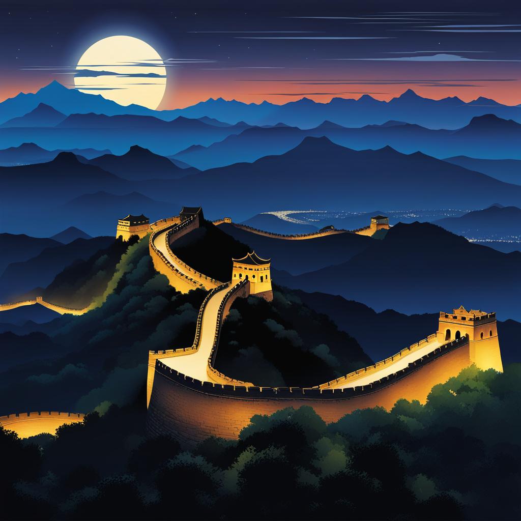 jinshanling great wall - illustrate the historic night view of jinshanling great wall, where the ancient fortifications and watchtowers are softly illuminated. 