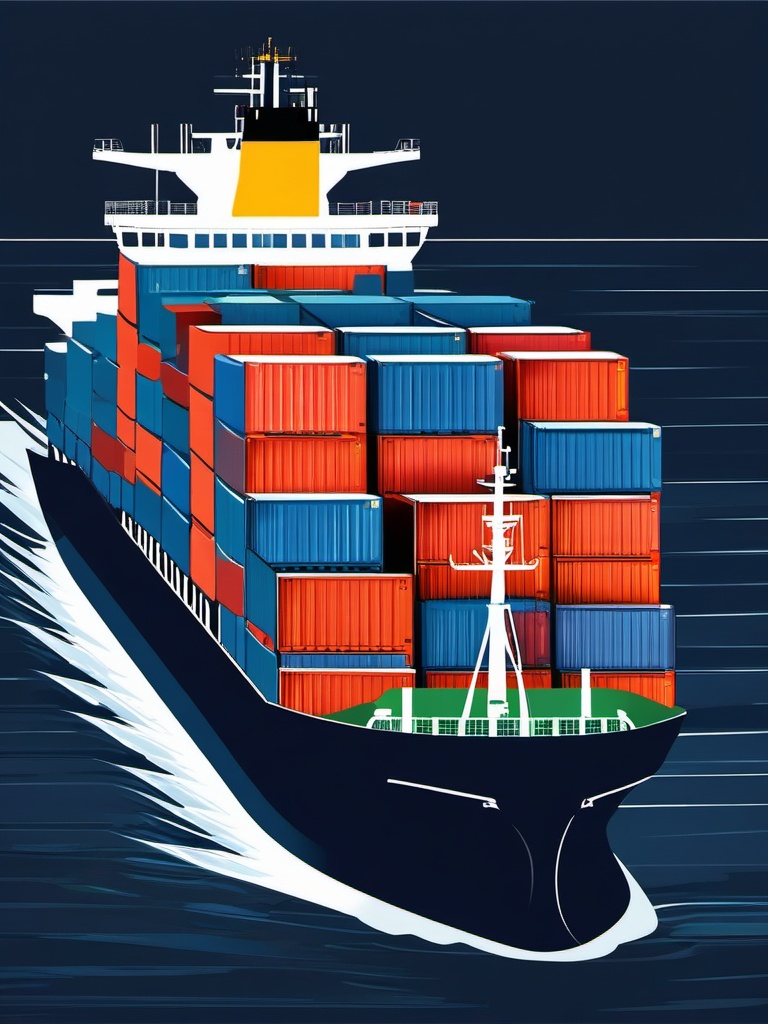 Container Ship Clipart - A massive container ship at sea.  color vector clipart, minimal style