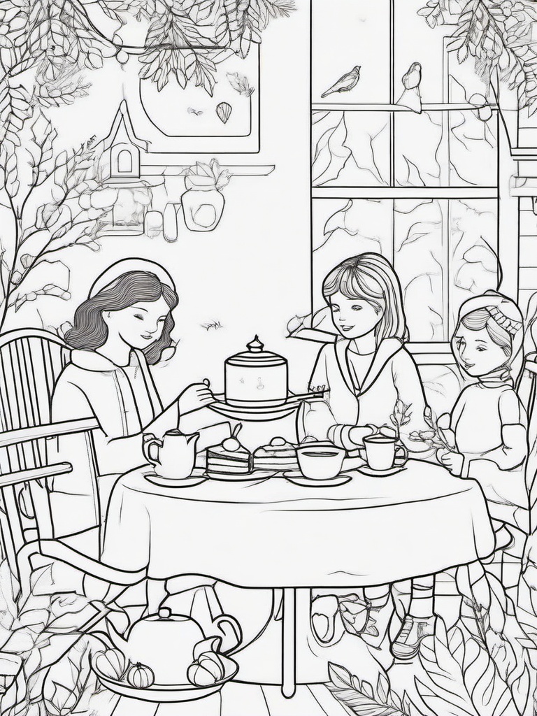 Autumn Tea Party Coloring Pages - Cozy Gathering with Friends  minimal black outline printable sheet, coloring page