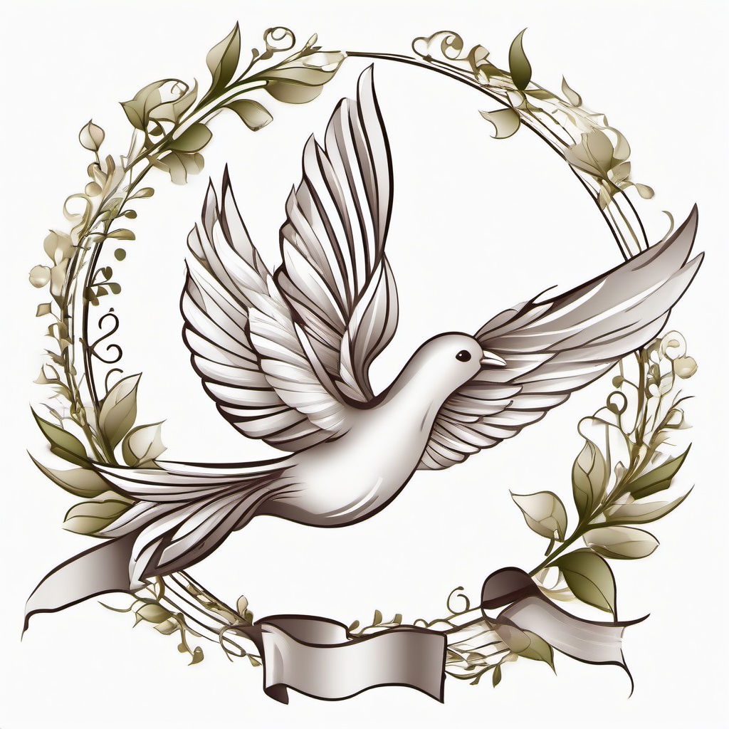Dove Tattoo with Ribbon-Whimsical and symbolic tattoo featuring a dove with a ribbon, capturing themes of elegance and grace.  simple color tattoo,white background