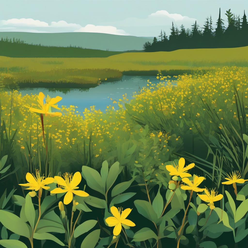 Boreal Bog Marsh St. John's Wort Clip Art - Marsh St. John's wort in boreal bogs,  color vector clipart, minimal style