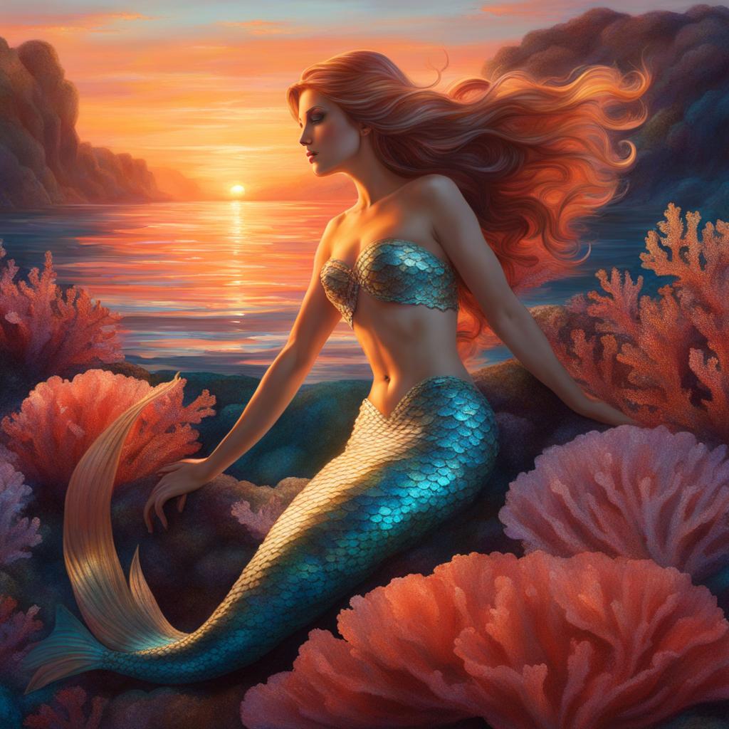 graceful mermaid with shimmering scales swimming through a coral reef at sunset. 