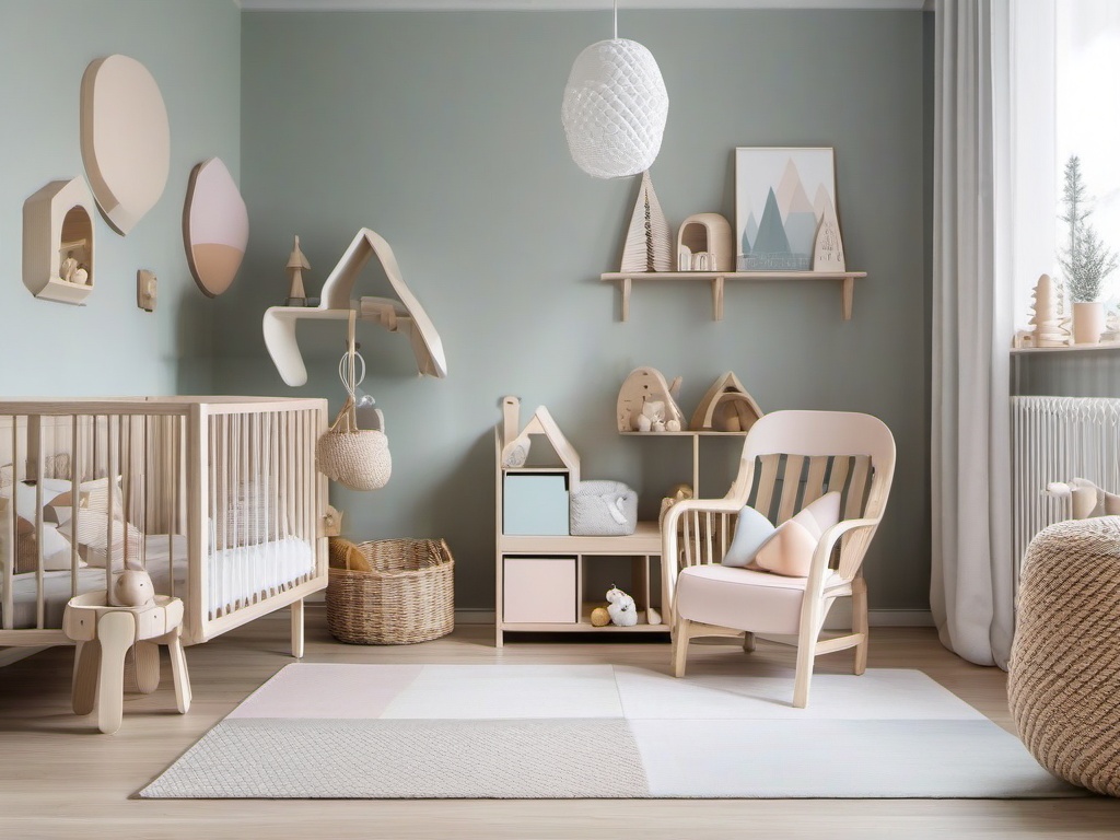 Scandinavian-style nursery with pastel colors and wooden toys.  