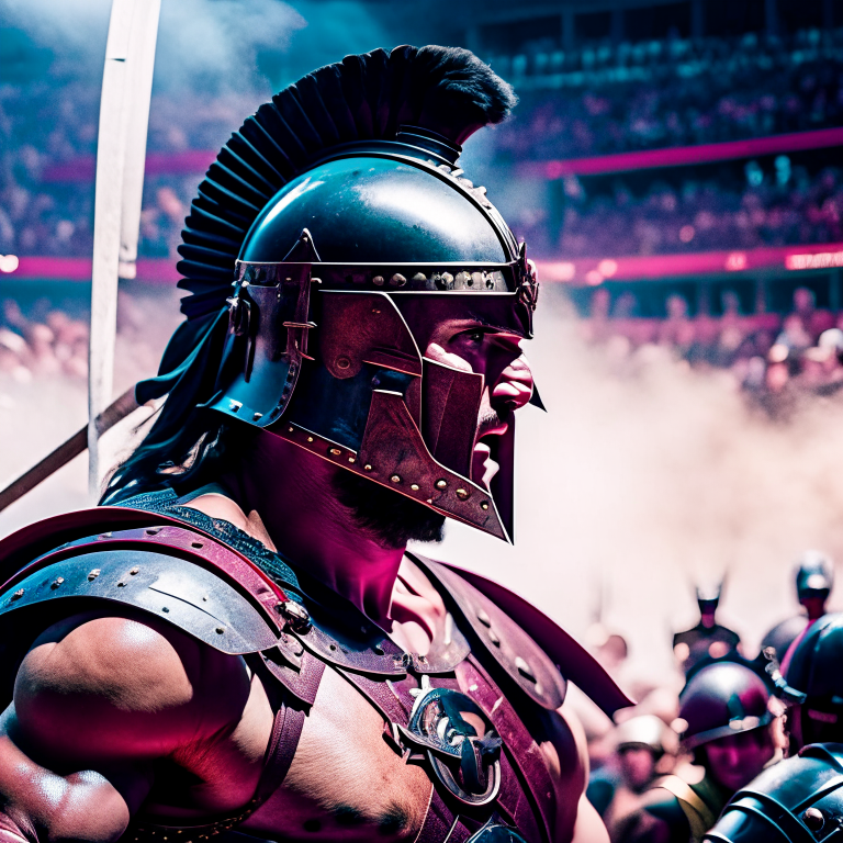 stoic gladiator engaging in a brutal arena battle, crowd roaring with anticipation. 