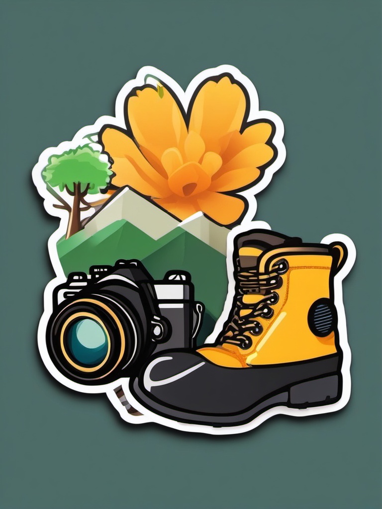 Hiking Boot and Camera Emoji Sticker - Capturing nature's beauty, , sticker vector art, minimalist design