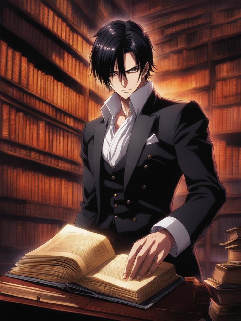 chrollo lucilfer,stealing a rare and forbidden tome,a clandestine library in the underworld anime, anime key visual, japanese manga, pixiv, zerochan, anime art, fantia