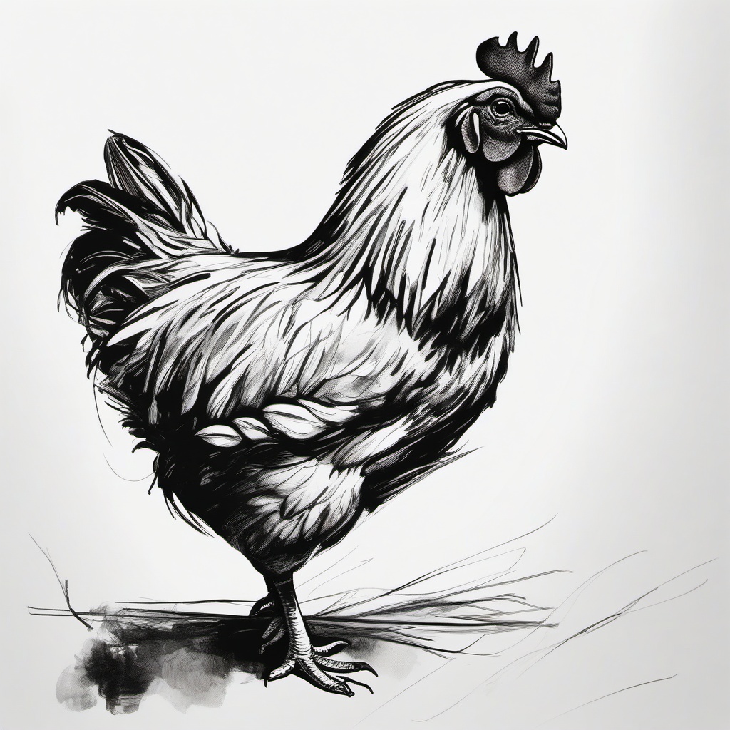 drawing of a chicken in a barnyard  minimal rough sketch scribbles,doodles,black and white