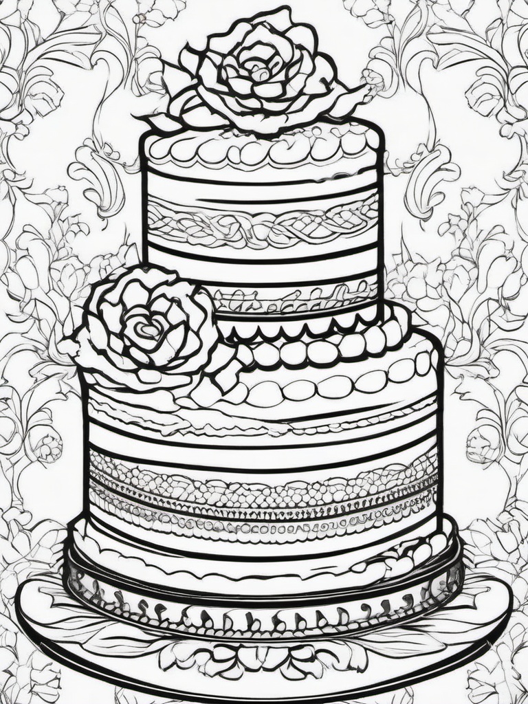 Cake Coloring Pages - Cake with three tiers and intricate patterns  simple coloring pages