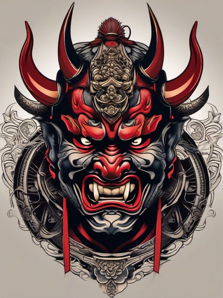 Oni Samurai Mask Tattoo-Intricate and artistic tattoo featuring an Oni combined with a samurai mask, capturing traditional and warrior aesthetics.  simple color vector tattoo