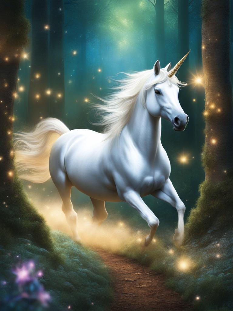 mischievous unicorn prancing through an enchanted forest, leaving a trail of sparkling hoofprints. 