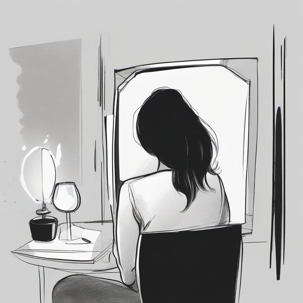 drawing of a person looking into a mirror with depression  minimal rough sketch scribbles,doodles,black and white