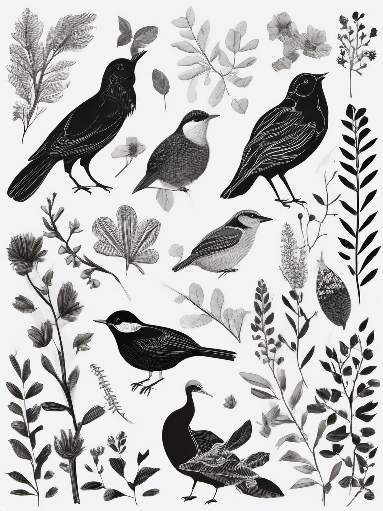 drawing of flora and fauna  minimal rough scribbles,doodles,black and white