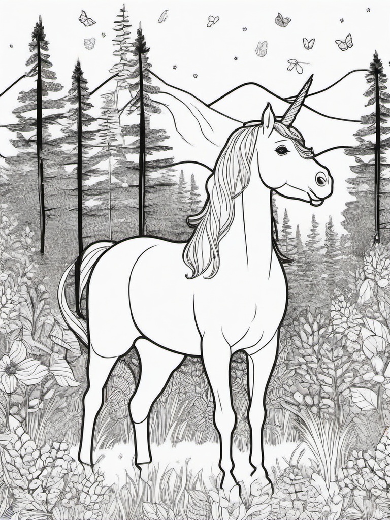 Unicorn Playing with Animals Coloring Pages - Friendly Unicorn and Forest Creatures  minimal black outline printable sheet, coloring page