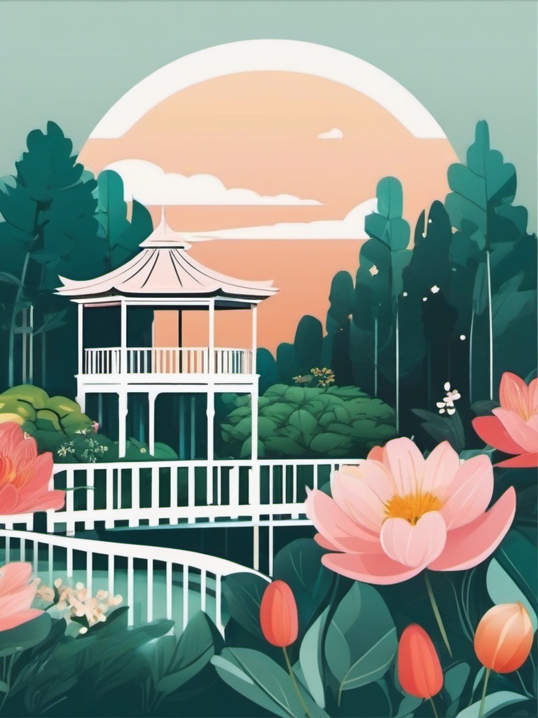 Floating Garden Pavilion Sticker - Transport yourself to a dreamy garden with the floating and pavilion-style sticker, , sticker vector art, minimalist design