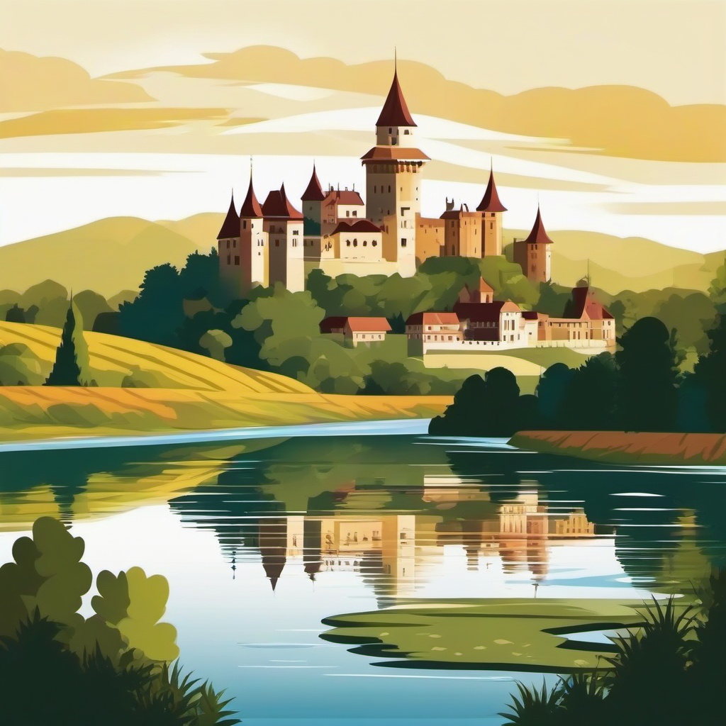 Castle overlooking a river in the countryside clipart.  vector style illustration, white background