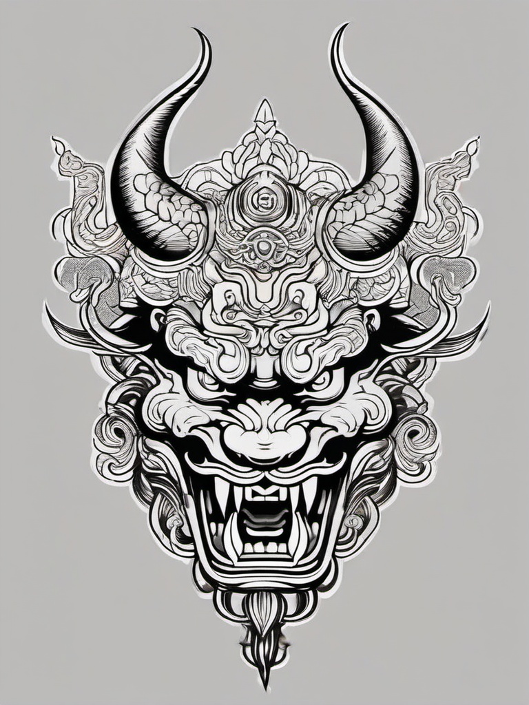 Chinese Demon Tattoo - Incorporates elements of Chinese demon mythology into tattoo art.  simple color tattoo,white background,minimal