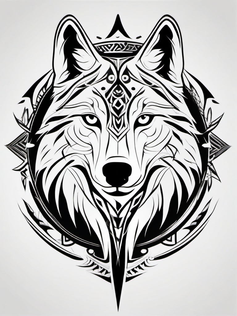 Tribal Tattoo with Wolf,tribal symbols and the noble wolf united in ink, testament to our connection with the wild. , tattoo design, white clean background