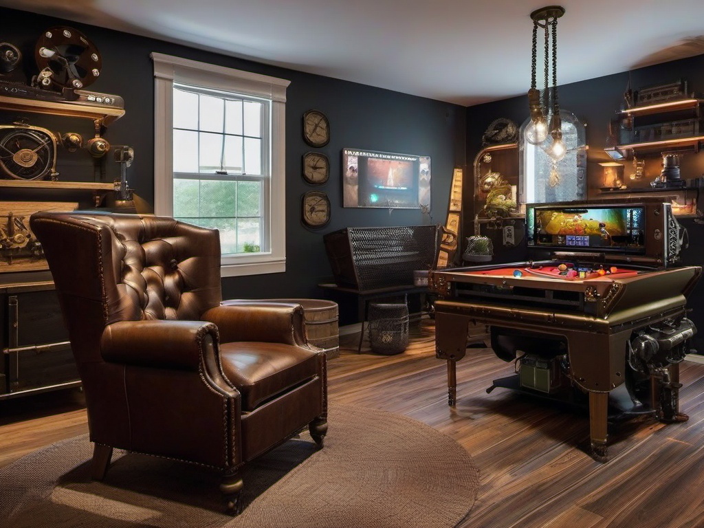 Steampunk gamer room features vintage-inspired decor, industrial accents, and unique furniture that create a creative and imaginative gaming space.  