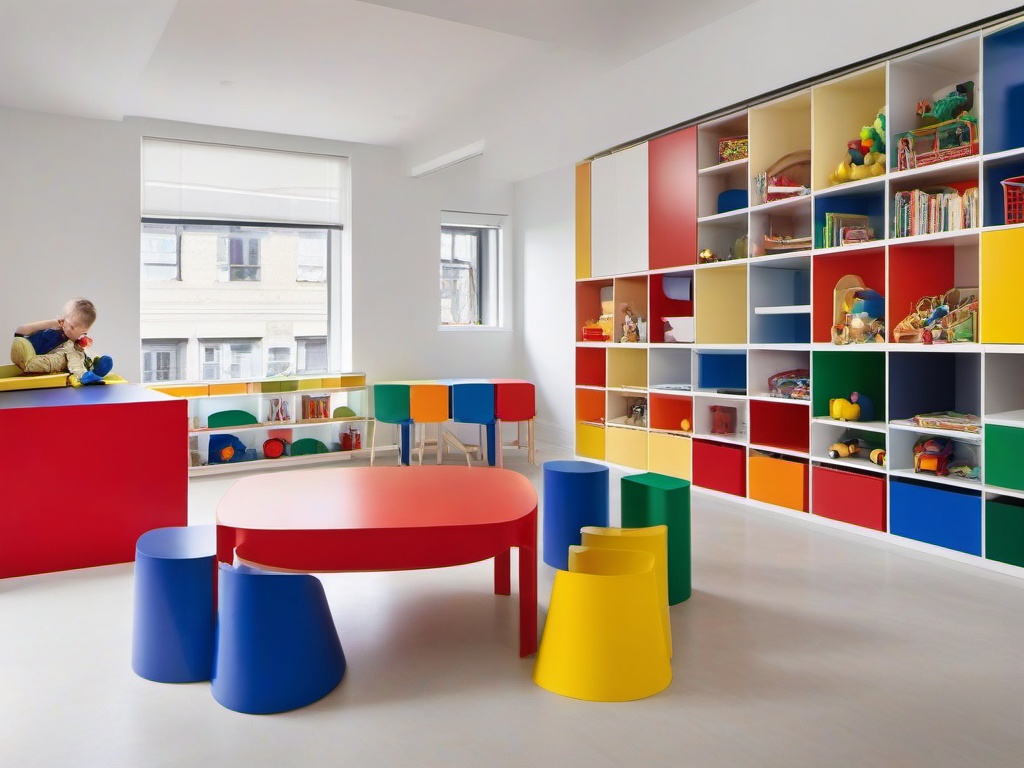 Bauhaus playroom incorporates geometric shelving, minimalist play furniture, and bold primary colors, creating an uncluttered and functional space for children’s activities.  