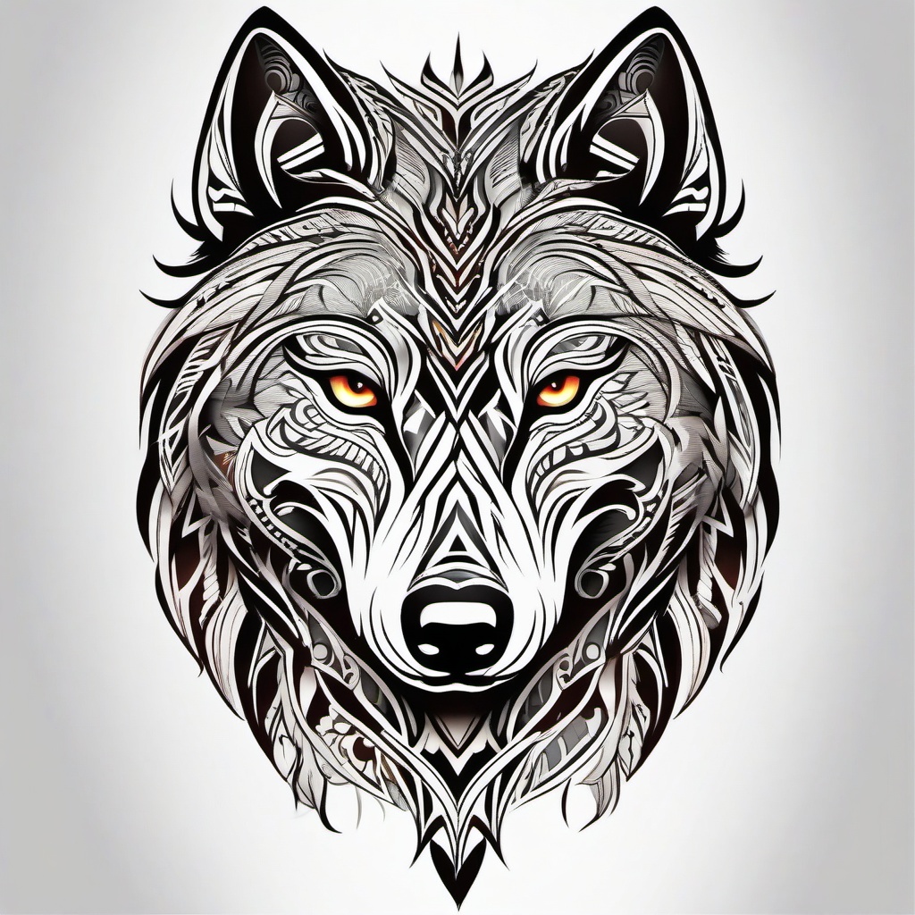 Tribal Wolf Tattoo,intricate tribal patterns embracing the power and mystique of the wolf, symbol of unity and strength. , color tattoo design, white clean background