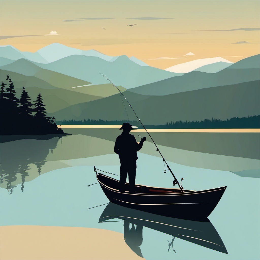 Fishing pole clipart, Man fishing by the serene lake.  simple, 2d flat