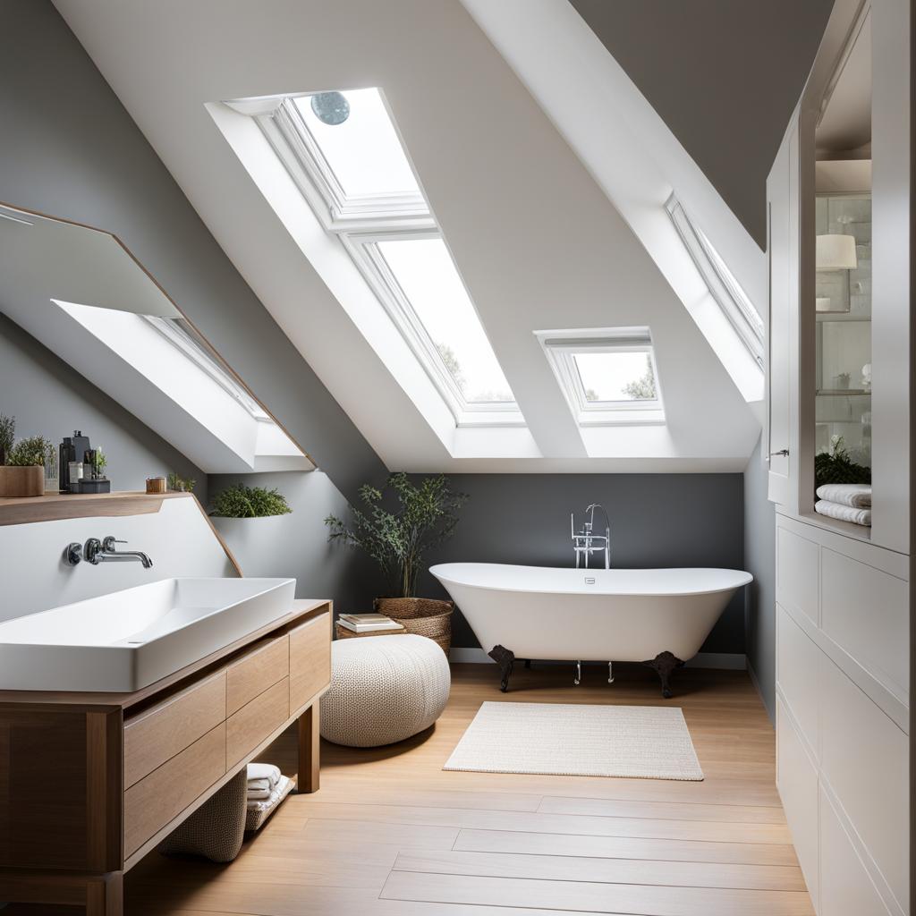 cozy attic bathroom with sloped ceilings and skylights. 