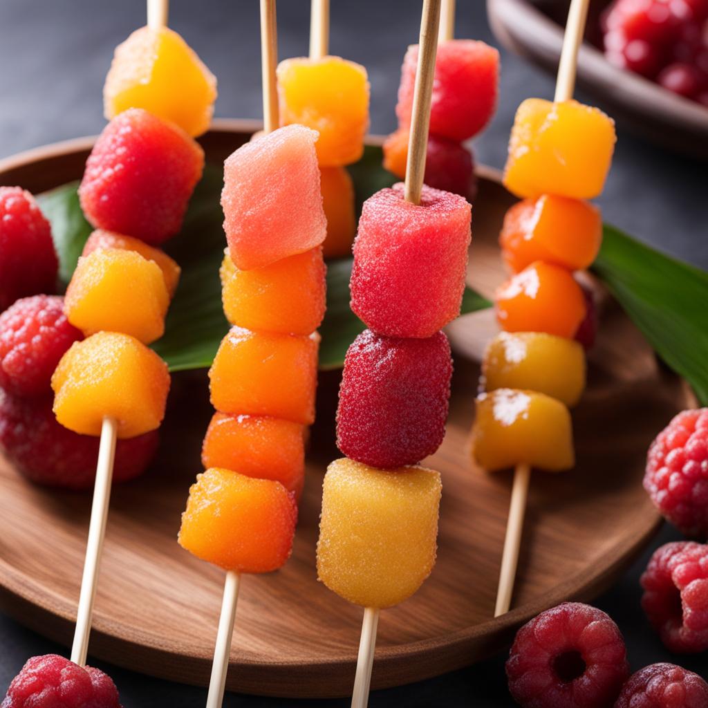 tanghulu, skewered fruits coated in a shiny, crispy sugar glaze (popular in china). 