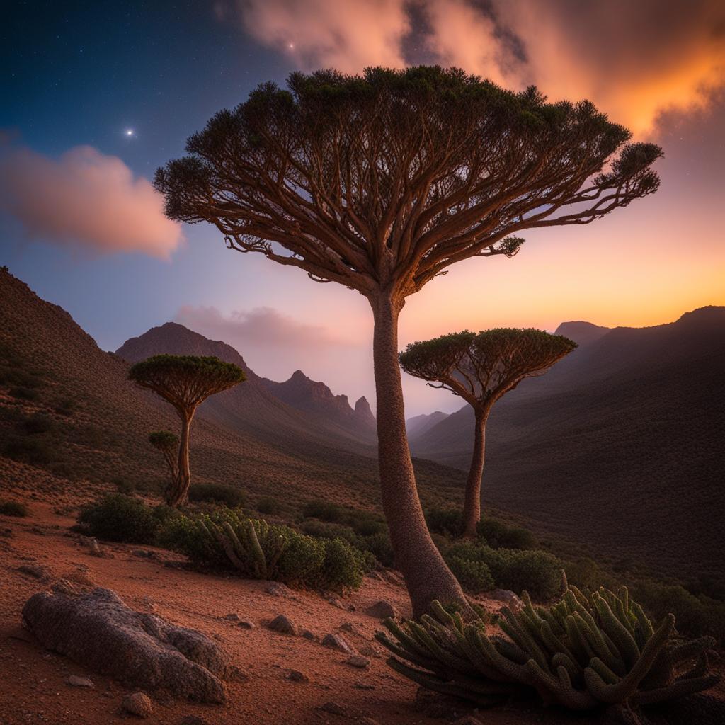 socotra, yemen - capture the otherworldly landscapes of socotra, where alien-like trees and rock formations stand under a starry sky. 