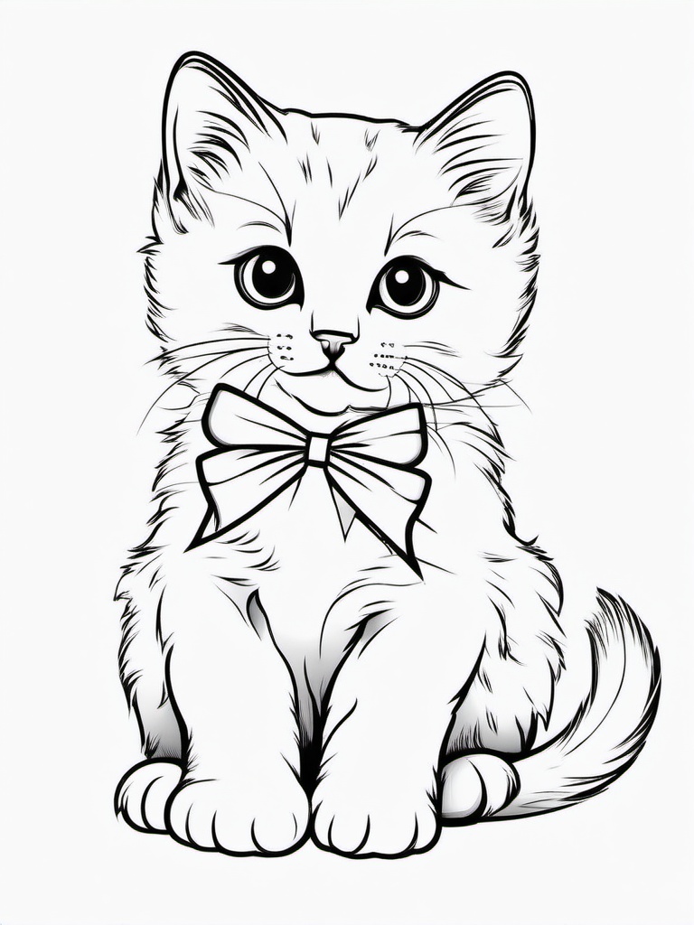 Kitten with Ribbon Coloring Pages - Cute Kitten with a Decorative Bow  minimal black outline printable sheet, coloring page