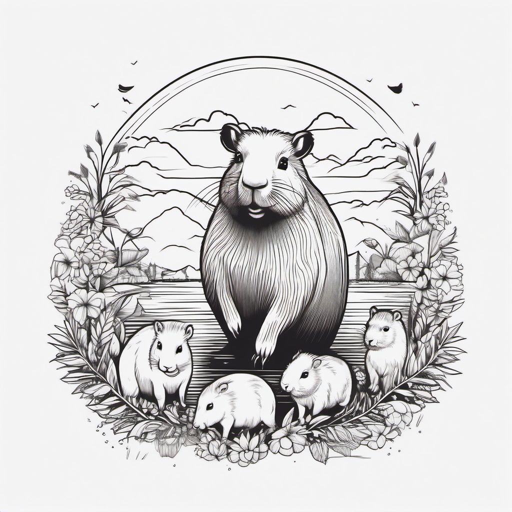 Capybara Tattoo - Social capybara with its furry friends  few color tattoo design, simple line art, design clean white background