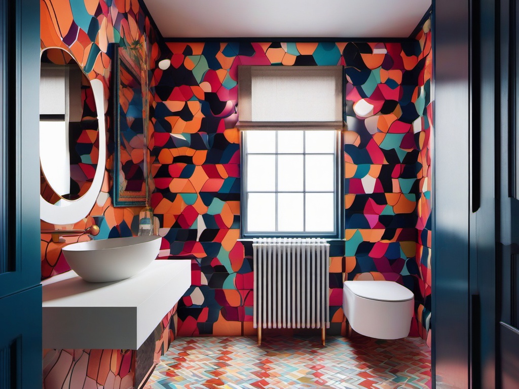 A small bathroom designed with psychedelic interior design highlights vibrant tiles, quirky accessories, and colorful accents that make the space feel playful and full of character.  