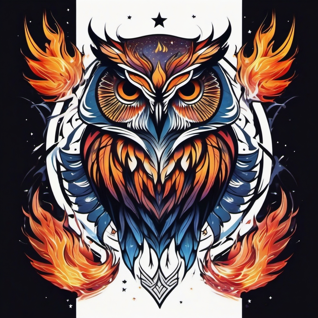 Cosmic owl tattoo rising from cosmic, transformative flames.  color tattoo style, minimalist design, white background