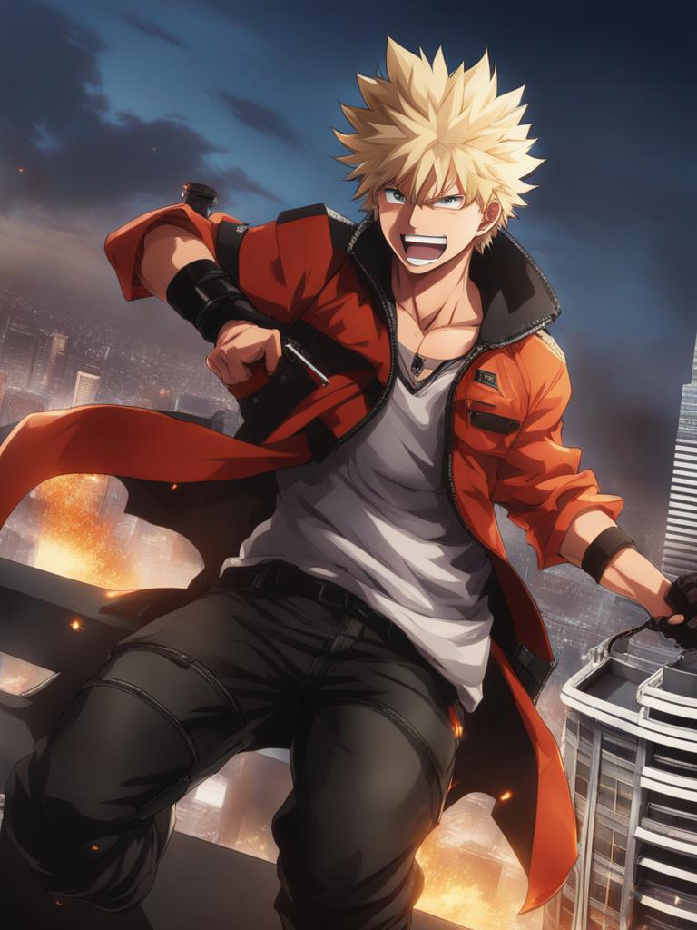 bakugou katsuki - engages in a high-octane battle atop a skyscraper, quirk blazing. 