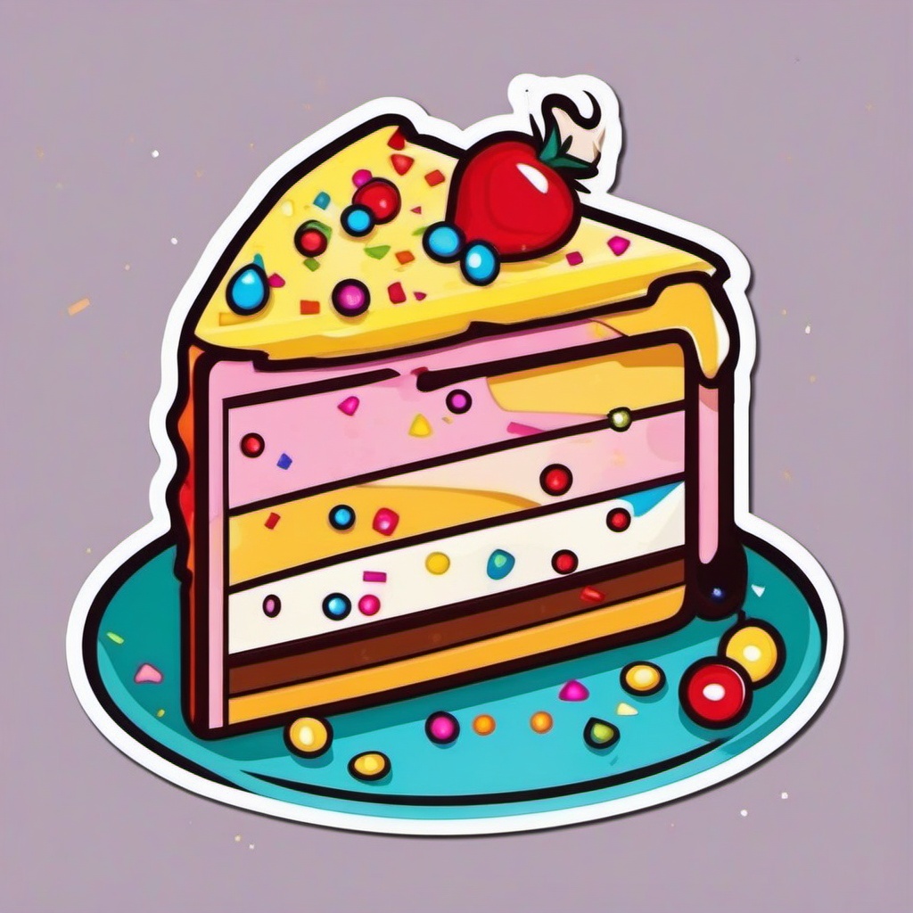 Cake Slice with Sprinkles Sticker - Delicious cake slice covered in colorful sprinkles, ,vector color sticker art,minimal