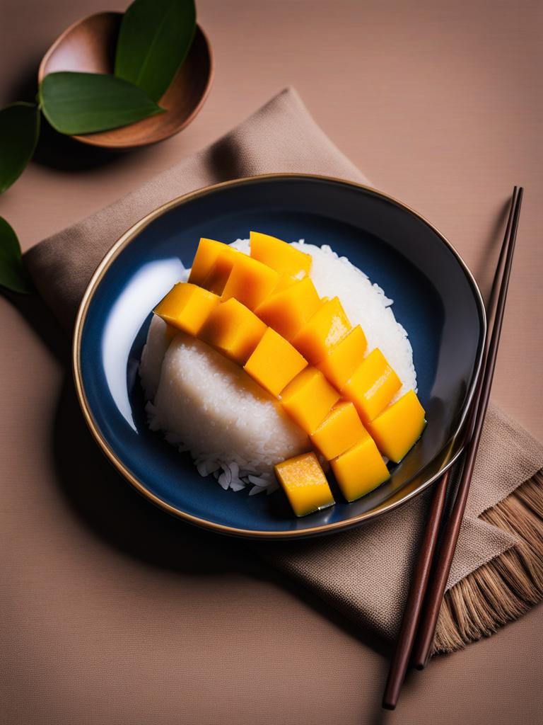 mango sticky rice, ripe mango slices served with sweet glutinous rice. 