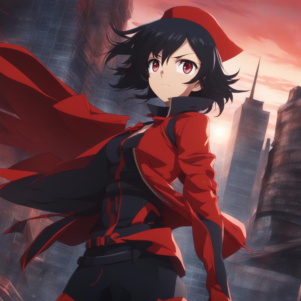 ryuko matoi engages in a climactic showdown with her nemesis in a dystopian cityscape. 