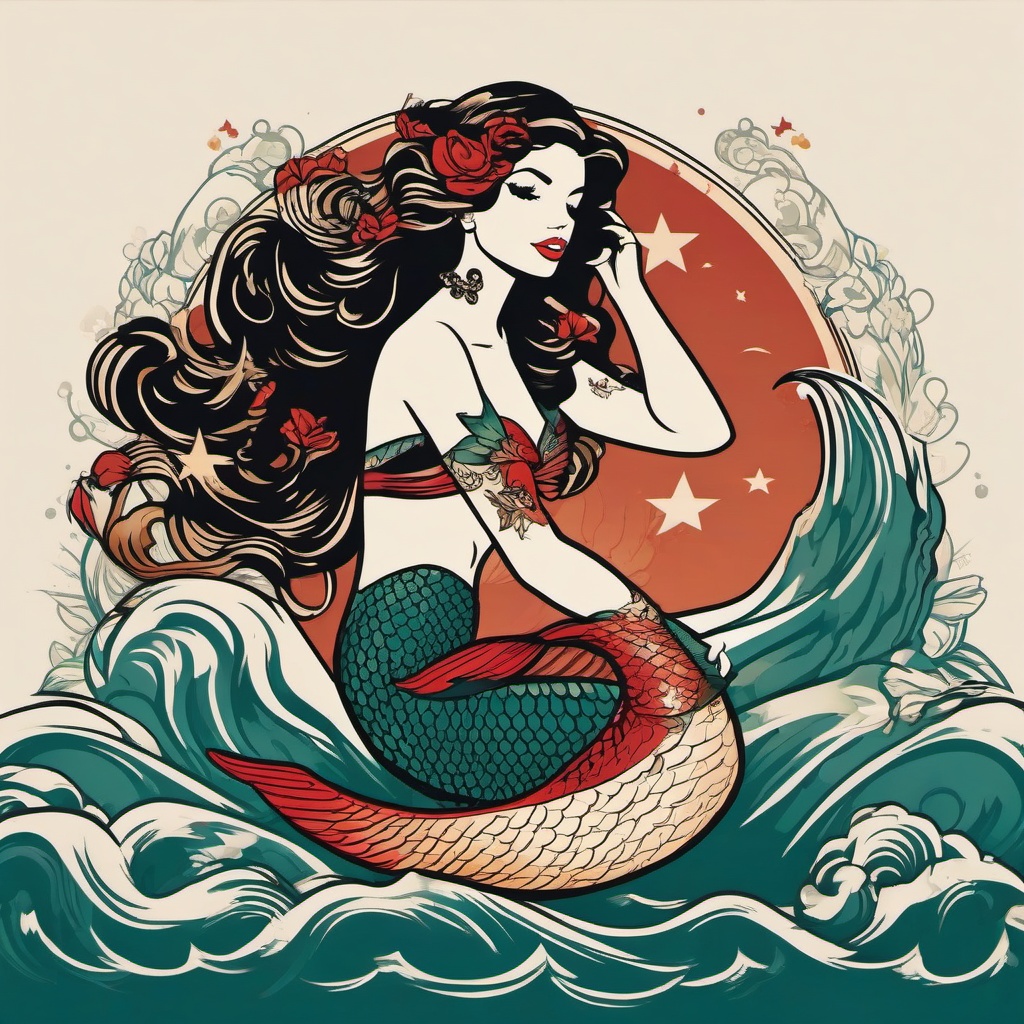 Sailor Jerry Mermaid - Embrace the iconic style of Sailor Jerry with a mermaid-themed tattoo in Sailor Jerry fashion.  simple vector color tattoo,minimal,white background