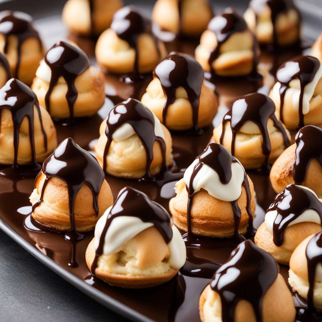 a platter of dainty profiteroles, filled with a light and airy cream and drizzled with chocolate sauce. 