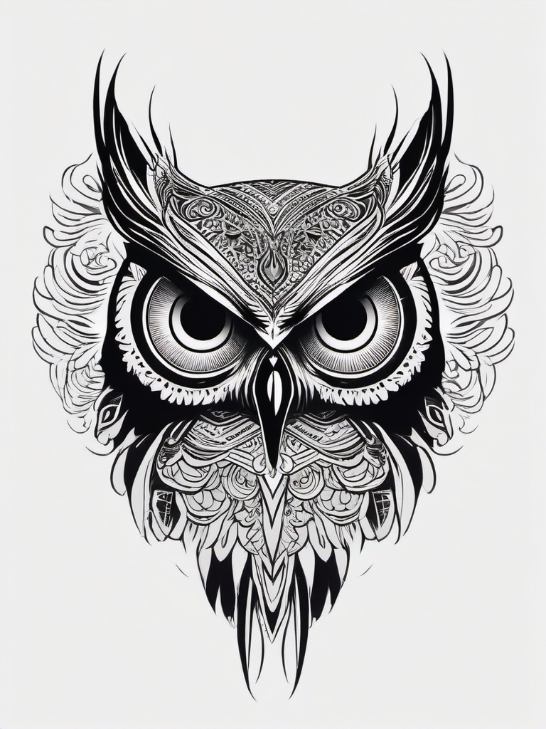 Black and White Owl Tattoo - Capture the essence of simplicity with a black and white owl tattoo.  simple color tattoo,vector style,white background