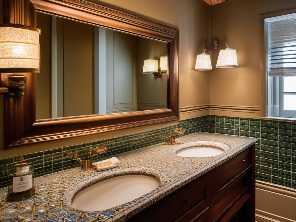 In the guest bathroom, American Colonial interior design features vintage tiles, a classic vanity, and warm lighting that create a welcoming atmosphere for visitors.  