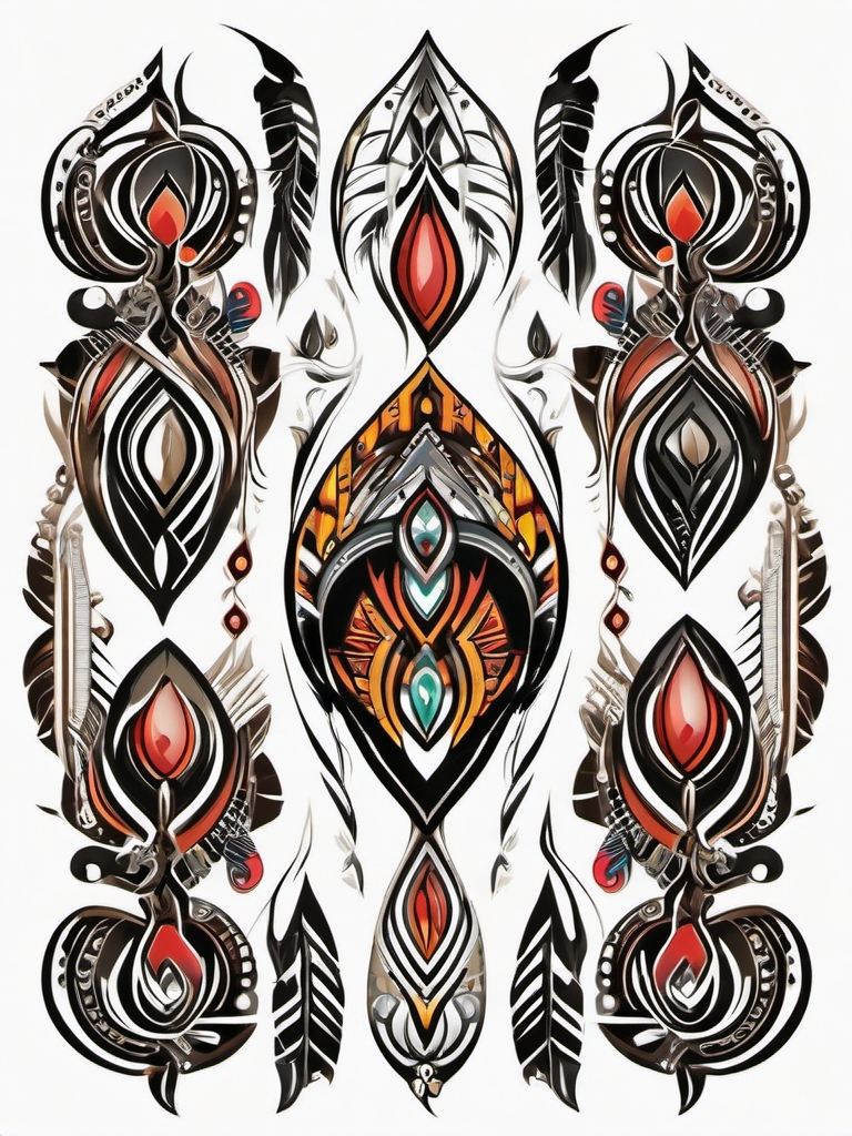 Tribal-style bullet design. Cultural fusion with modern weaponry.  color tattoo design, white background