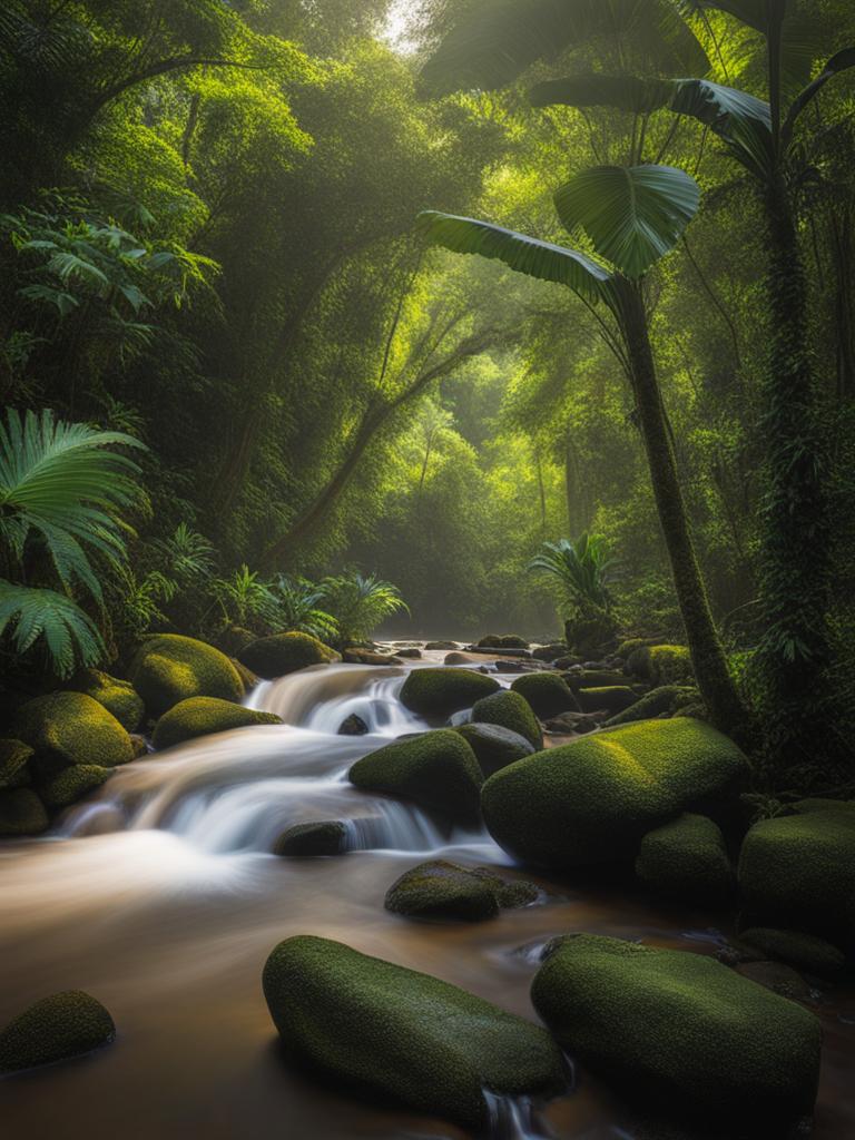 exotic guiana rainforests - paint the exotic rainforests of french guiana, showcasing diverse wildlife, dense vegetation, and amazonian rivers. 