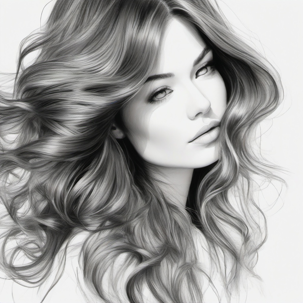 drawing of hair with soft beach waves  minimal rough sketch scribbles,doodles,black and white