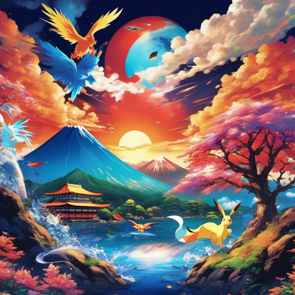 Pokemon Wallpaper - Pokemon Battle at Mount Fuji wallpaper splash art, vibrant colors, intricate patterns